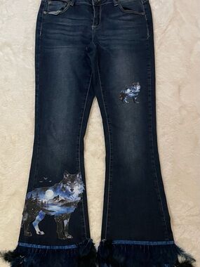 Women’s Dark Wash Jeans with Wolf Graphic and detachable feather trim